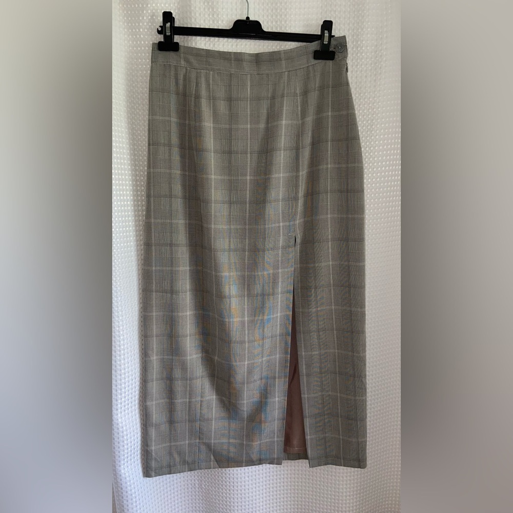 VINTAGE‎ gray plaid high waisted maxi skirt with front slit fits Sz 10
